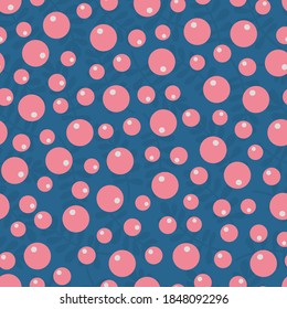 Seamless abstract pattern on a blue background with dark blue branches and pink circles. Vector illustration. Perfect for the design of packaging, covers and wrapping paper.