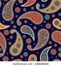 Seamless abstract pattern. On a dark background, a bright paisley-style ornament. Vector illustration.