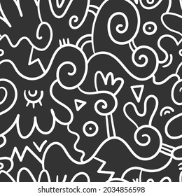 Seamless abstract pattern on dark background. Vector doodle image. Graphic linear wallpaper.