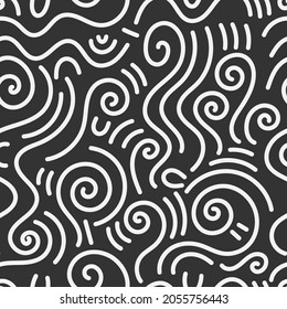 Seamless abstract pattern on dark background. Vector doodle image. Graphic linear wallpaper.