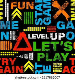 Seamless abstract pattern on game style. Background for boys with words