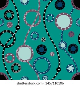 Seamless abstract pattern. On a green background are vertical wavy lines and various circles. Vector illustration.