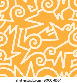 Seamless abstract pattern on orange background. Vector doodle image. Graphic linear wallpaper.