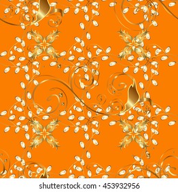Seamless abstract pattern on orange yellow background with floral golden elements. Vector illustration. Pattern background.