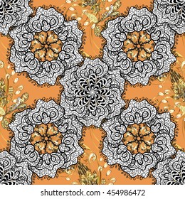 Seamless abstract pattern on orange yellow background with floral golden elements. Vector illustration. Pattern background.
