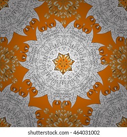 Seamless abstract pattern on orange yellow background with floral golden elements. Vector illustration. Pattern background.