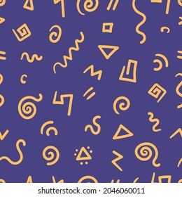 Nahtlose abstrakte Muster auf violettem Hintergrund. Vektordoodle-Bild. Grafische lineare Bildschirmhintergründe.