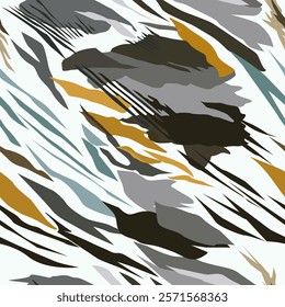 seamless abstract pattern on a white background made of various shapes and lines in different colors including black, grey, orange and yellow.  feeling of movement and energy.  chaotic and dynamic