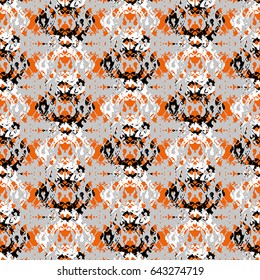 Seamless abstract pattern with orange, black and white elements on grey background