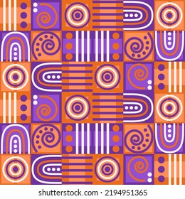 Seamless abstract pattern with orange, purple and white geometric elements for fabric, textile prints, covers for gifts etc.