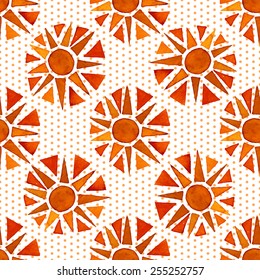 Seamless abstract pattern orange sun, watercolor, ink.