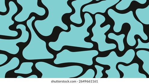 Padrão abstrato contínuo com formas fluidas negras orgânicas em fundo ciano, design artístico camuflagem-estilo para têxteis modernos, revestimento gráfico, papel de parede e uso de superfície digital.