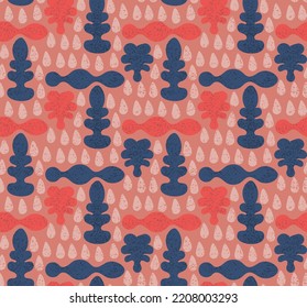 Nahtlose abstrakte Muster mit biologisch gekrümmten Formen, Texturen und einer roten und blauen Palette. Gut geeignet für Tapeten, Textilien, Schreibwaren, Mode, Kindergarten, Babybekleidung, Wohnungsdekoration, Accessoires, Steppdecken
