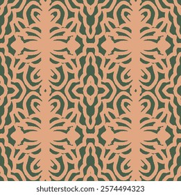 Seamless abstract pattern with organic green and beige shapes, inspired by nature and symmetry. Perfect for interior decor, textiles, and wallpaper designs