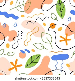 Seamless abstract pattern with organic shapes and leaf. Natural texture design, endless background. Repeating print for fabric, wrapping with scribble elements. Colored flat vector illustration