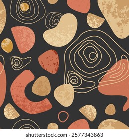 Seamless abstract pattern with organic shapes and texture, curved lines,earthy tones on a dark background.Seamless Design with Neutral Colors for print wallpaper, web, textile, paper, cover.Vector