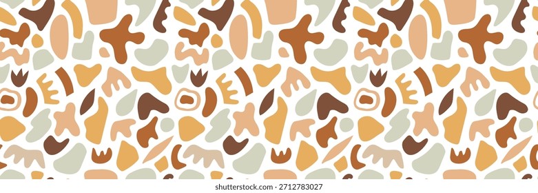 Padrão abstrato contínuo com formas orgânicas em tons quentes de terra. Design minimalista moderno perfeito para tecido, embalagem, papéis de parede, fundos, papelaria e projetos de marca contemporânea