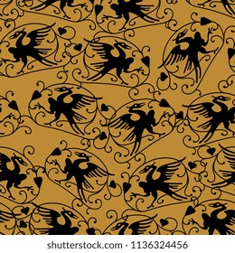 Seamless abstract pattern with ornate silhouettes of stylized birds and floral motifs. Black ink calligraphy style.