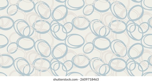 Seamless abstract pattern of overlapping hand drawn circles in soft blue and beige tones on a light cream background. Vector simple print for modern fabrics, home decor, wallpapers, graphic design