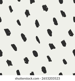 Seamless abstract pattern with paint stains, paintbrush spots, smears. Endless texture, print design with drawn brushstrokes, ink blots, smudges, irregular black and white shapes. Vector illustration