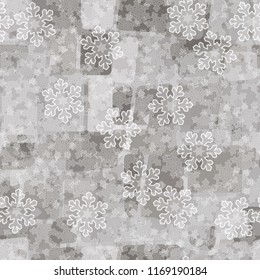 Seamless abstract pattern painted in colors of winter landscape.
In the foreground of the picture are clear and transparent snowflakes.