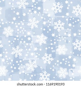 Seamless abstract pattern painted in colors of winter landscape.
In the foreground of the picture are large snowflakes and small six-pointed stars.