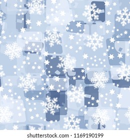 Seamless abstract pattern painted in colors of winter landscape.
In the foreground of the picture are large snowflakes and small six-pointed stars.