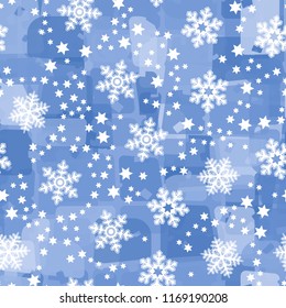 Seamless abstract pattern painted in colors of winter landscape.
In the foreground of the picture are large snowflakes and small six-pointed stars.