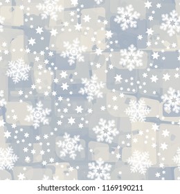 Seamless abstract pattern painted in colors of winter landscape.
In the foreground of the picture are large snowflakes and small six-pointed stars.
