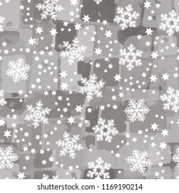 Seamless abstract pattern painted in colors of winter landscape.
In the foreground of the picture are large snowflakes and small six-pointed stars.