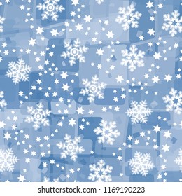 Seamless abstract pattern painted in colors of winter landscape.
In the foreground of the picture are large snowflakes and small six-pointed stars.