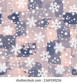 Seamless abstract pattern painted in colors of winter landscape.
In the foreground of the picture are large snowflakes and small six-pointed stars.