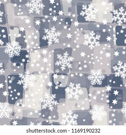 Seamless abstract pattern painted in colors of winter landscape.
In the foreground of the picture are large snowflakes and small six-pointed stars.