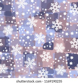 Seamless abstract pattern painted in colors of winter landscape.
In the foreground of the picture are large snowflakes and small six-pointed stars.