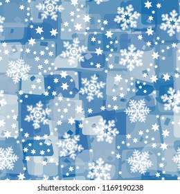 Seamless abstract pattern painted in colors of winter landscape.
In the foreground of the picture are large snowflakes and small six-pointed stars.