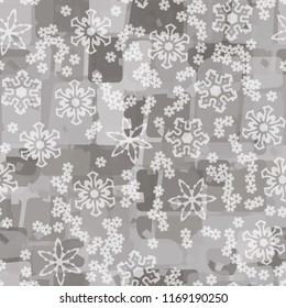 Seamless abstract pattern painted in colors of winter landscape.
In the foreground of the picture are large and small snowflakes.