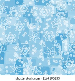 Seamless abstract pattern painted in colors of winter landscape.
In the foreground of the picture are large and small snowflakes.