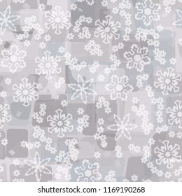 Seamless abstract pattern painted in colors of winter landscape.
In the foreground of the picture are large and small snowflakes.
