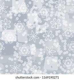 Seamless abstract pattern painted in colors of winter landscape.
In the foreground of the picture are large and small snowflakes.
