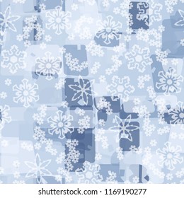 Seamless abstract pattern painted in colors of winter landscape.
In the foreground of the picture are large and small snowflakes.