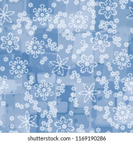 Seamless abstract pattern painted in colors of winter landscape.
In the foreground of the picture are large and small snowflakes.