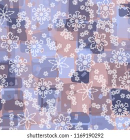 Seamless abstract pattern painted in colors of winter landscape.
In the foreground of the picture are large and small snowflakes.