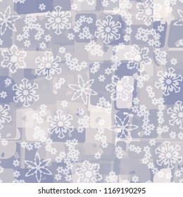 Seamless abstract pattern painted in colors of winter landscape.
In the foreground of the picture are large and small snowflakes.