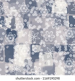 Seamless abstract pattern painted in colors of winter landscape.
In the foreground of the picture are large and small snowflakes.