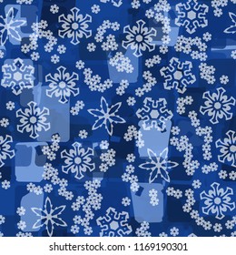 Seamless abstract pattern painted in colors of winter landscape.
In the foreground of the picture are large and small snowflakes.