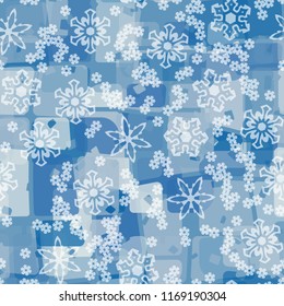 Seamless abstract pattern painted in colors of winter landscape.
In the foreground of the picture are large and small snowflakes.