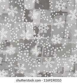 Seamless abstract pattern painted in colors of winter landscape.
In the foreground are snowflakes and symbolic snow flakes.
