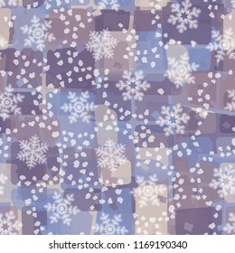 Seamless abstract pattern painted in colors of winter landscape.
In the foreground are snowflakes and symbolic snow flakes.