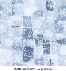 Seamless abstract pattern painted in colors of winter landscape.
In the foreground are snowflakes and symbolic snow flakes.