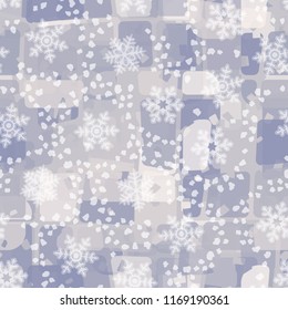 Seamless abstract pattern painted in colors of winter landscape.
In the foreground are snowflakes and symbolic snow flakes.